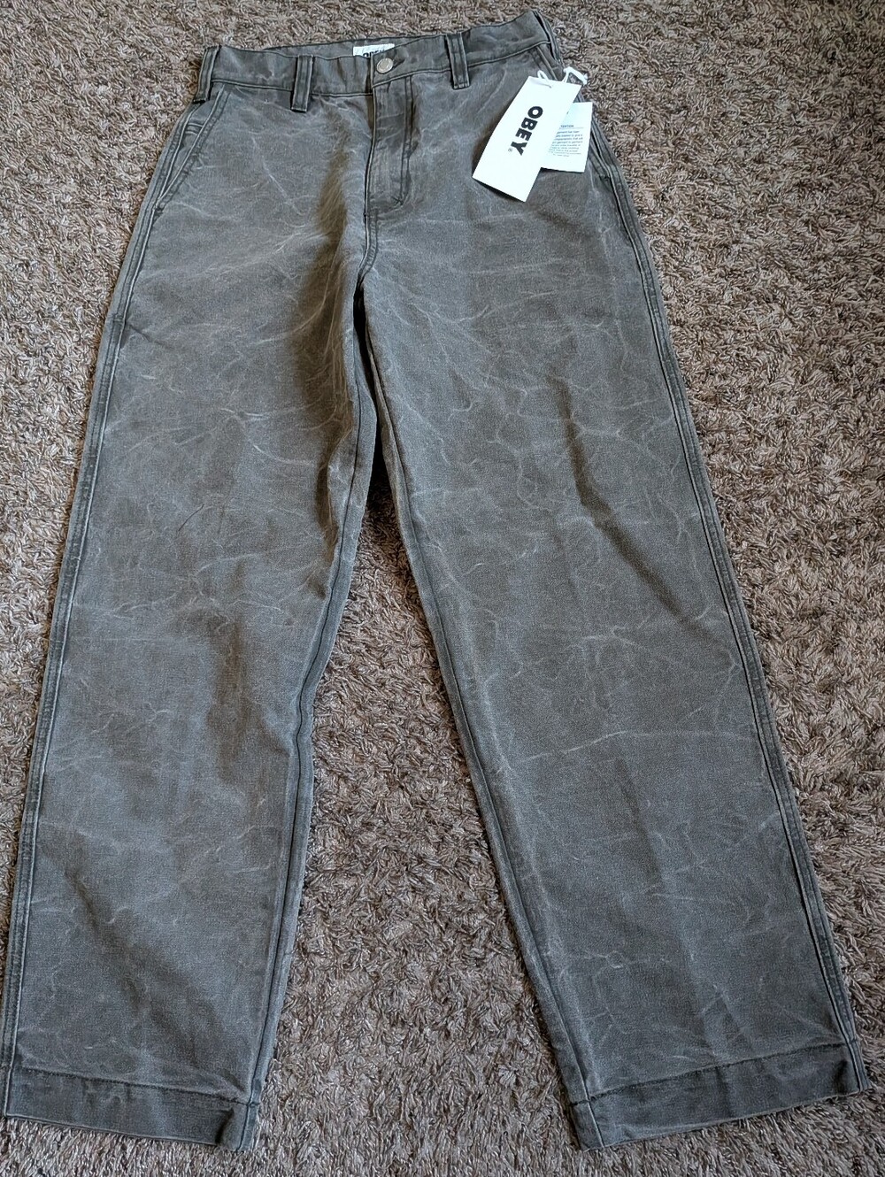 NWT Obey Black Olive Commons Wrinkle Wash Cotton 30" Pants Men's 28
